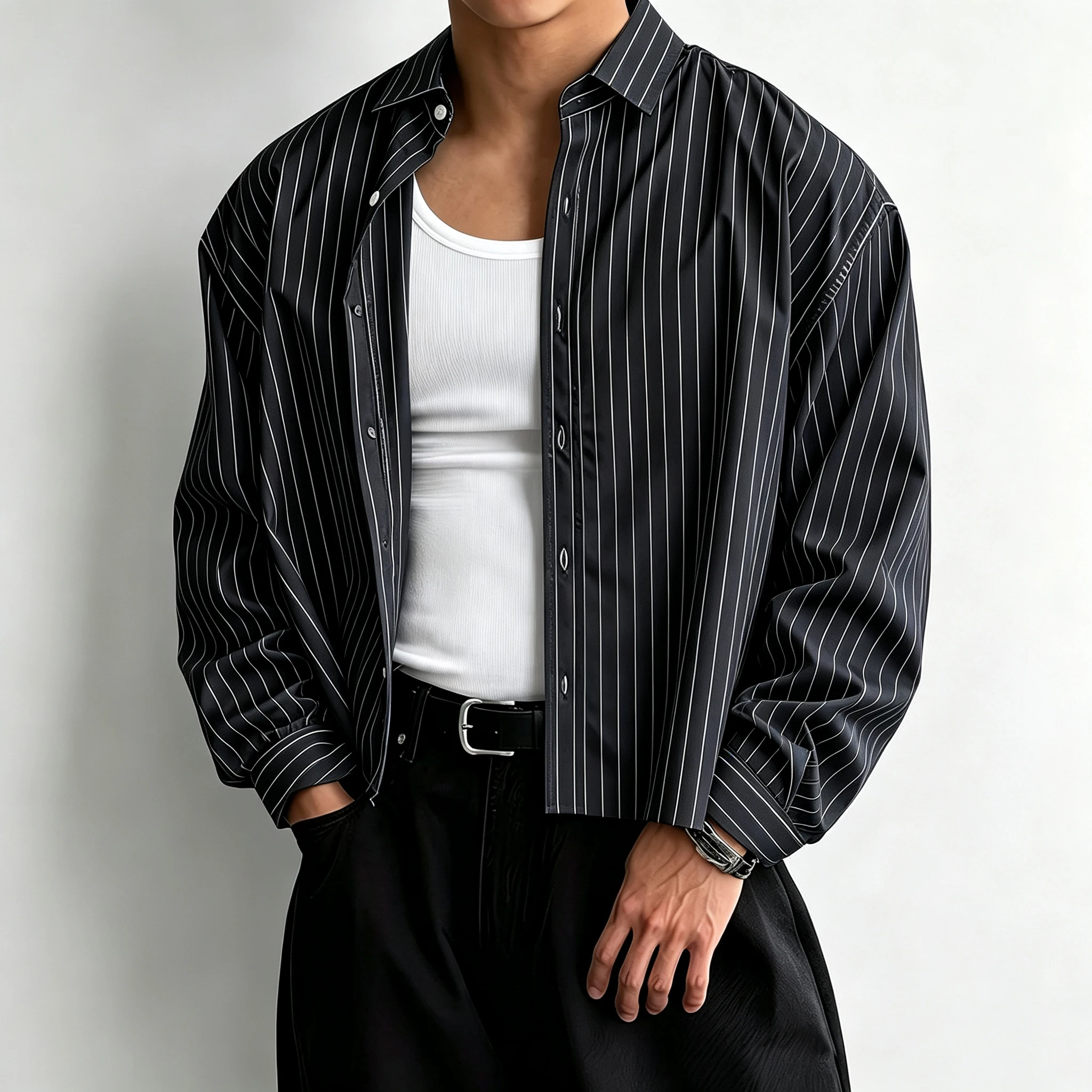 Minimalist Striped Loose-Fitting Shirt; Layered with Long-Sleeved Menswear for Commuting.