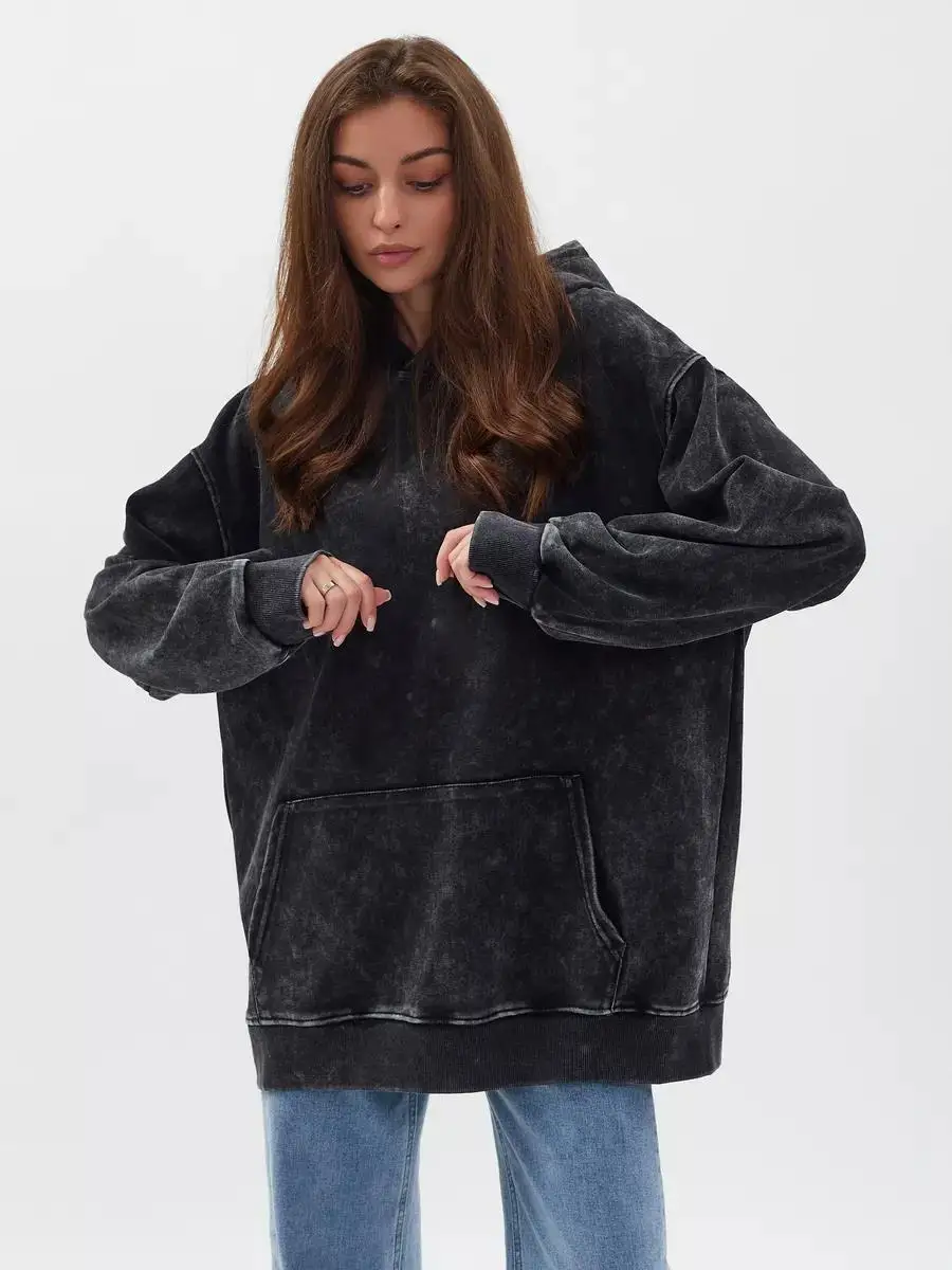 

Solid Color Women Vintage Washed Cotton Sweatshirt Harajuku Fleece Pullover Fashion Crewneck Hoodies Vintage Oversize Tops