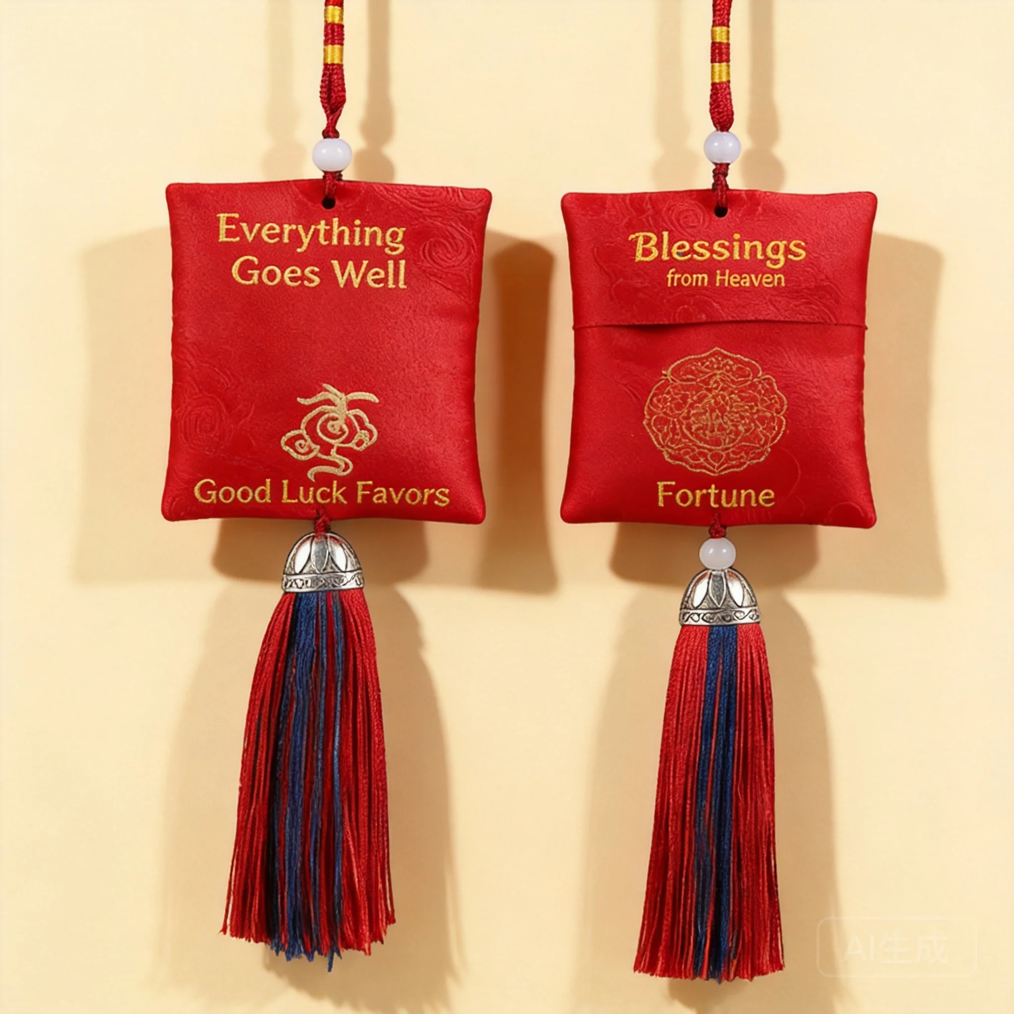 

Traditional Chinese Taoist Blessing Sachet Lucky Red Fu Bag Cinnabar Copper Coin Embroidered Tassel Hanging Ornament For Car Hom