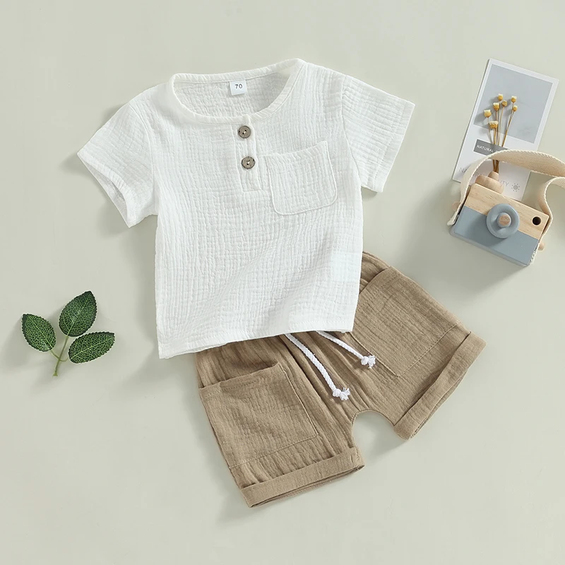 Toddler Baby Boys Summer 2-piece Outfits Solid Color Short Sleeve T-shirt with Breast Pocket and Casual Elastic Shorts Set