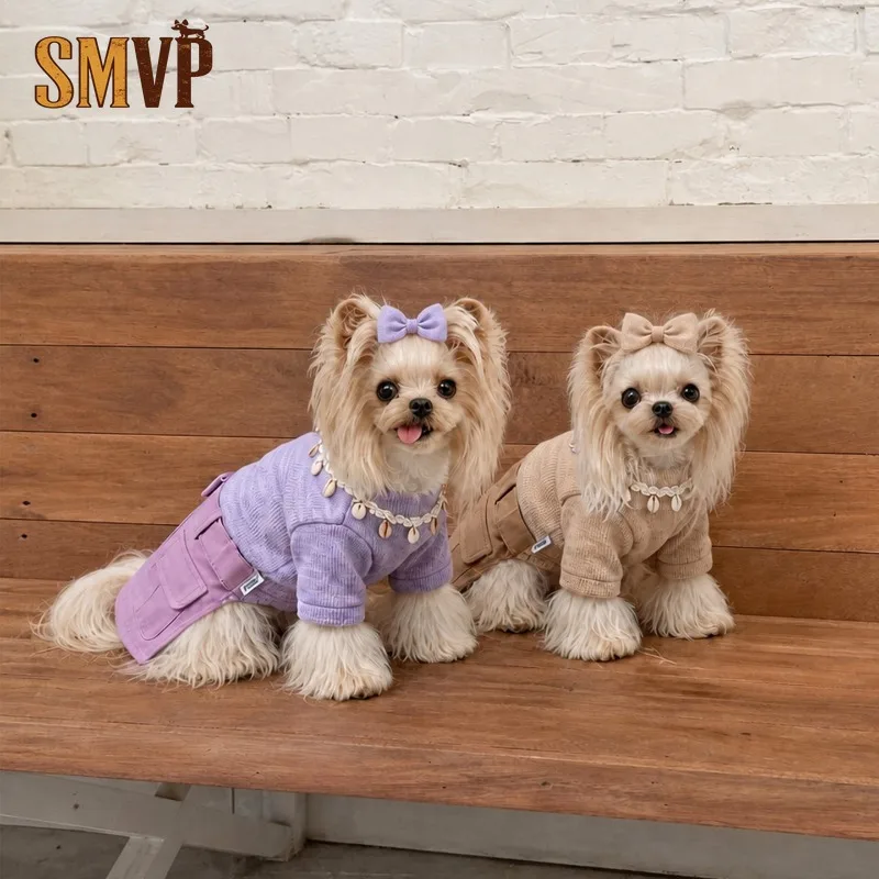 Pet Knit Tank Dress Cargo Style Decorative Shell Collar Soft Warm Autumn Outfit Elegant Cute Dress Clothes for Small Dogs Cats