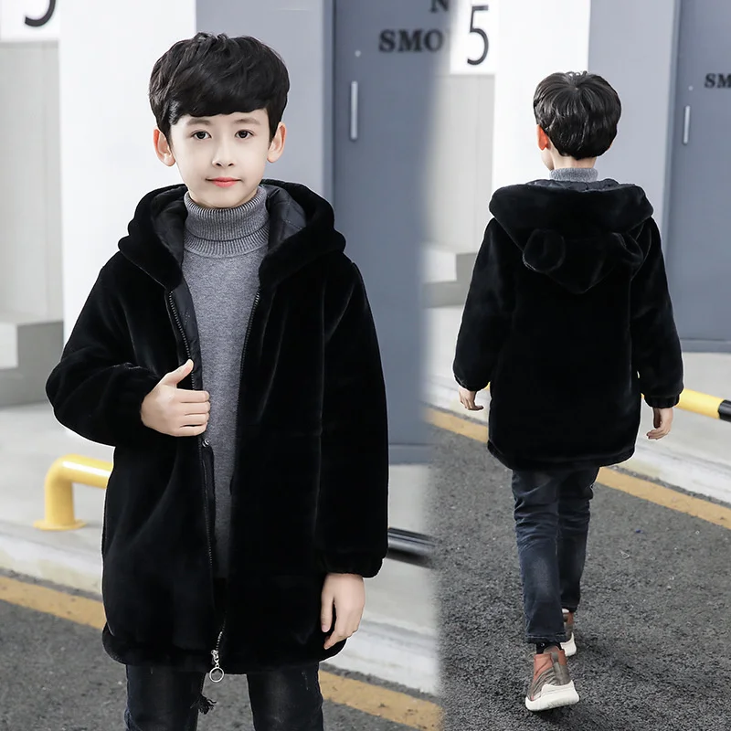 Coat 4-13T Unisex Faux Fur Girl Boy Winter Warm Plus Cotton Fashion Hooded Solid Thick Long Fluff Casual Jacket Black