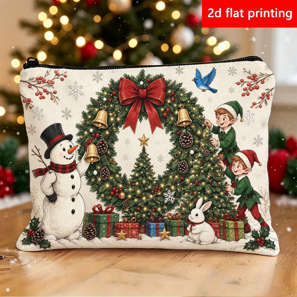 Vintage Christmas Wreath Snowman Elf Xmas Gifts Print Corduroy Cosmetic Bag Women Portable Travel Zipper Makeup Storage Pouch