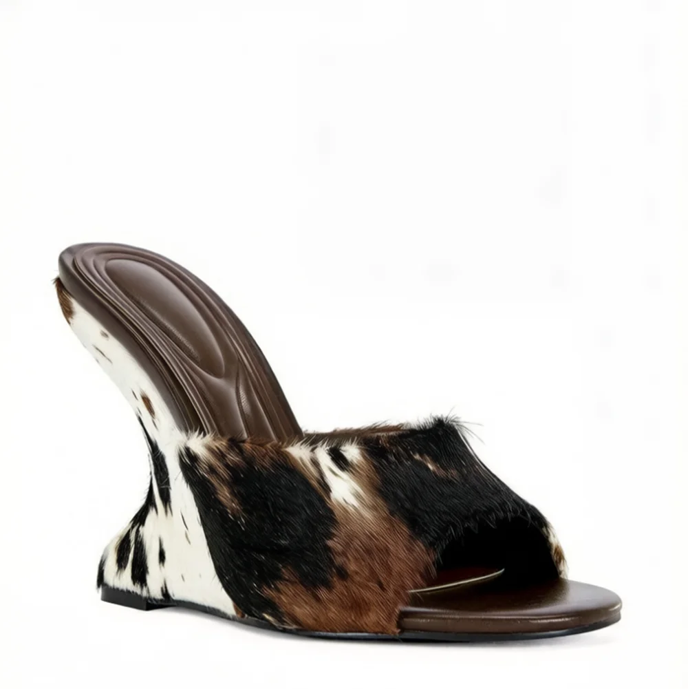 Cow Print Calf Hair Wedge Sandals Open-Toe Slip-On Design Curved Heel Mixed Brown Black Fur Texture Retro Western Style Footwear view 2