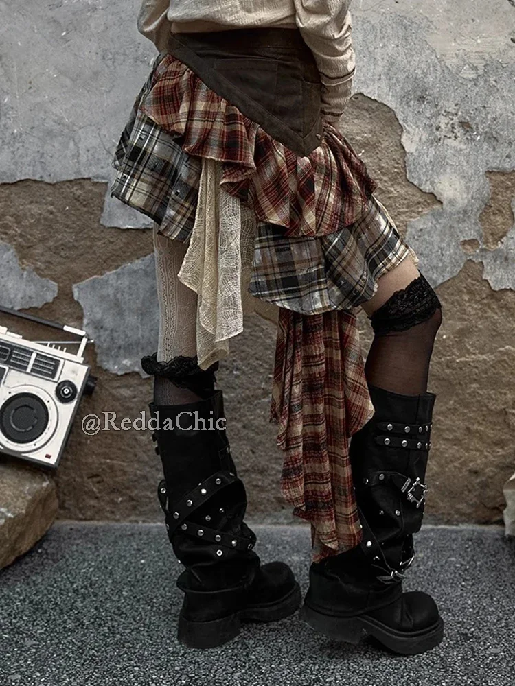 IMU Leather Stitch Lace Plaid Skirt Rivets Belt Low Rise Flounce Irregular Ruffle Mini Skirt Steampunk Retro Women Clothes