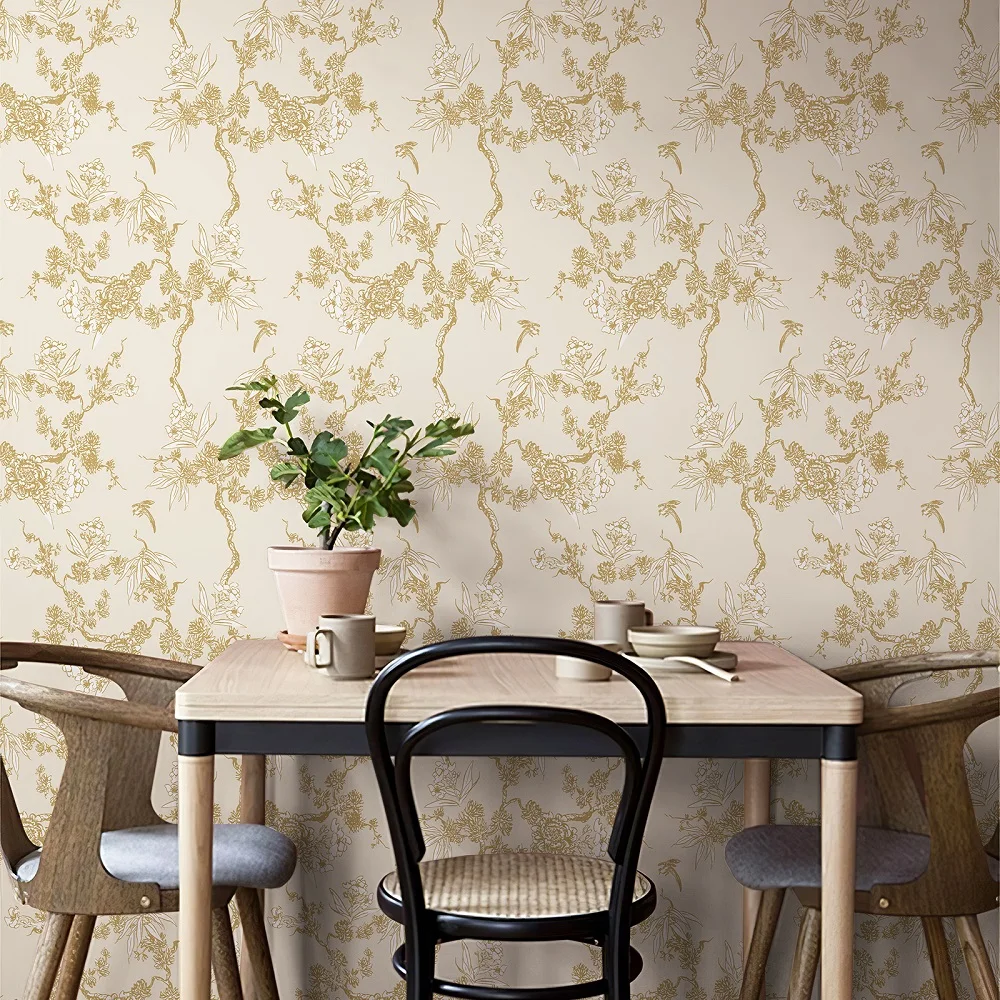 

Обои с цветочным рисунком цвета шампанского, самоклеящиеся водонепроницаемые обои, украшение для дома, простые съемные наклейки на стену из ПВХ, которые можно отклеить и приклеить