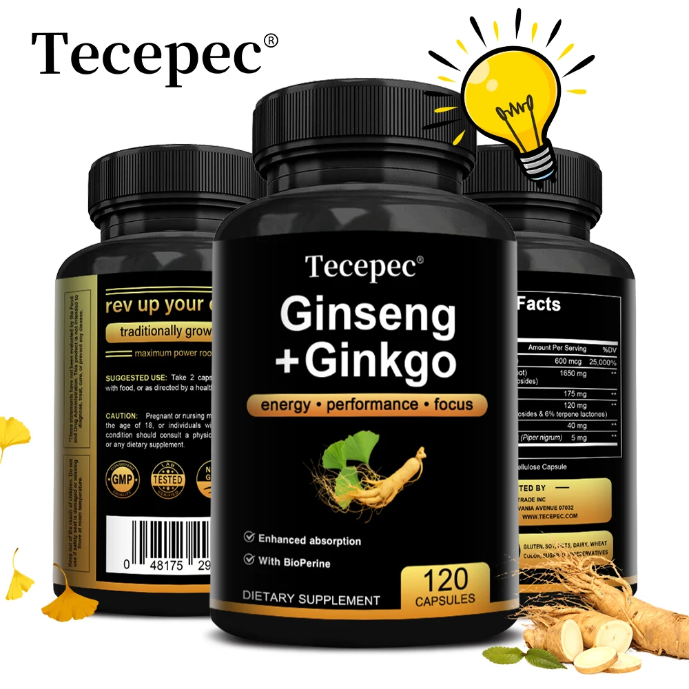 Ginseng + Ginkgo Supplement - Helps with Memory, Focus and Cognitive Support, Replenishes Energy Levels, Anti-aging