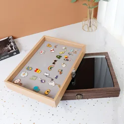 High Capacity Badge Storage Box Empty Wood Medal Display Case Transparent Glass Cover Chest Pin Display Box Jewelry Case