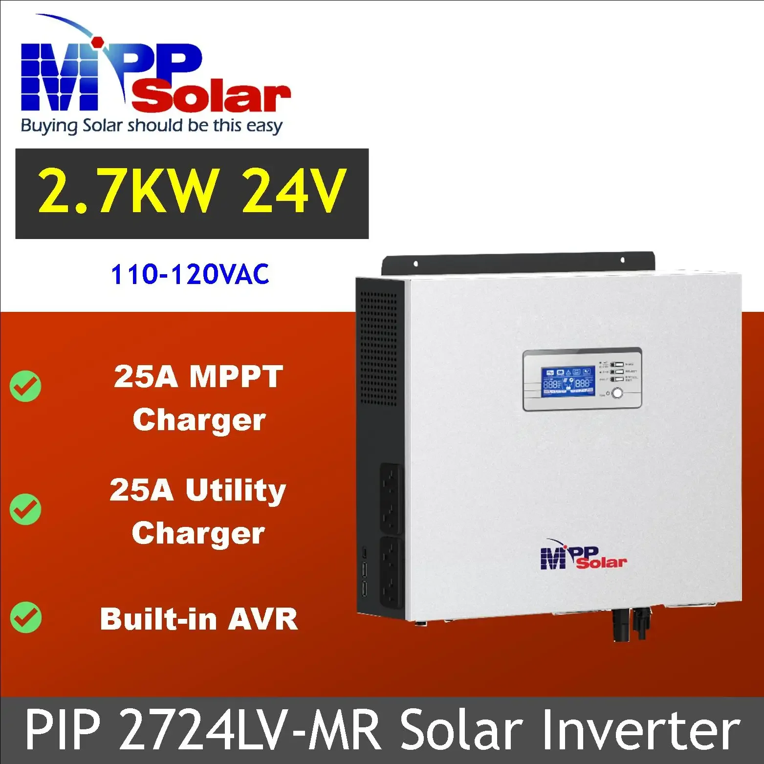 PIP2724LV-MR 2700w MPP Solar inverter 120v 24v  25A mppt solar charger AVR AC output plug 750W 60v PV input US stock