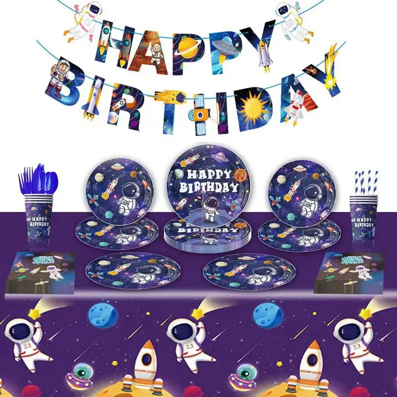 

Astronaut Space Themed Birthday Party Paper Tray, Paper Cup, Paper Towel, Flag Pulling Tableware, Decoration Set Supplies