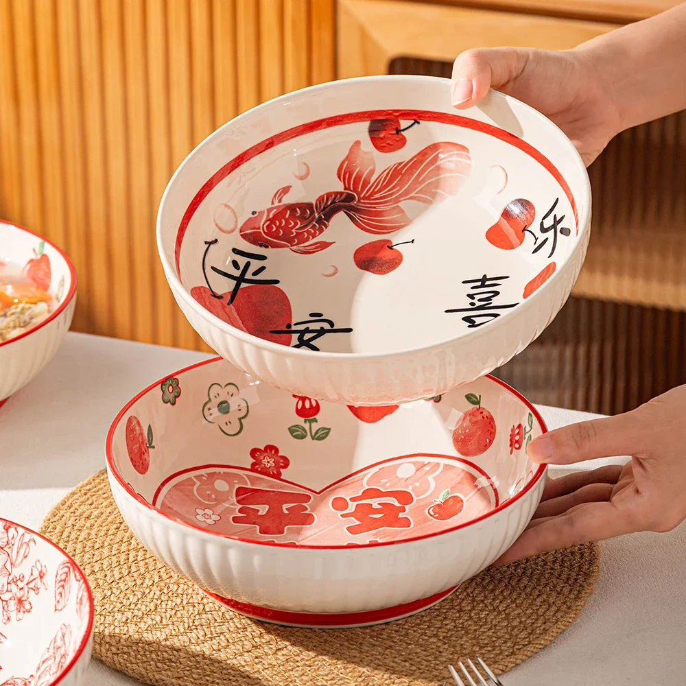Red Floral Ceramic Bowl 9 Inch Large Capacity Deep Soup Bowls Chinese Style Home Kitchen Goldfish Underglaze Colour Tableware