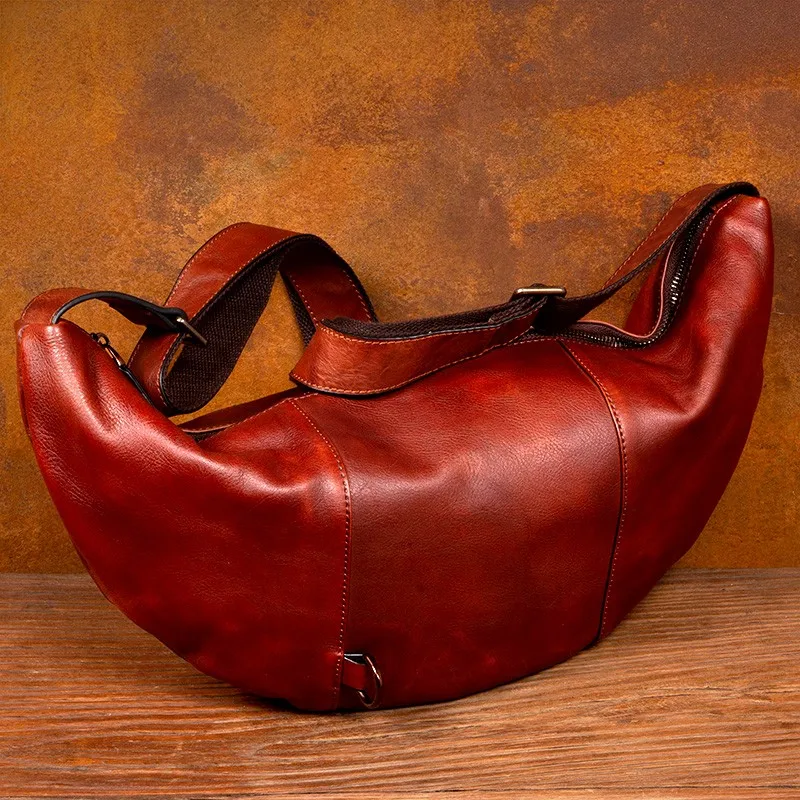 Ancient Trend Handmade Genuine Leather Chest Bag, Casual Crossbody Bag, Top-Grain Vegetable-Tanned Cowhide Single-Shoulder Bag