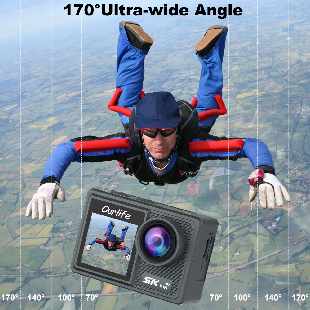 كاميرا Ourlife Action 5K 4K كاميرا دراجة 50MP 2.0 شاشة LCD تعمل باللمس EIS WiFi 170 ° كاميرات فيديو رياضية تكبير 5X مقاومة للماء بطول 30 مترًا #6