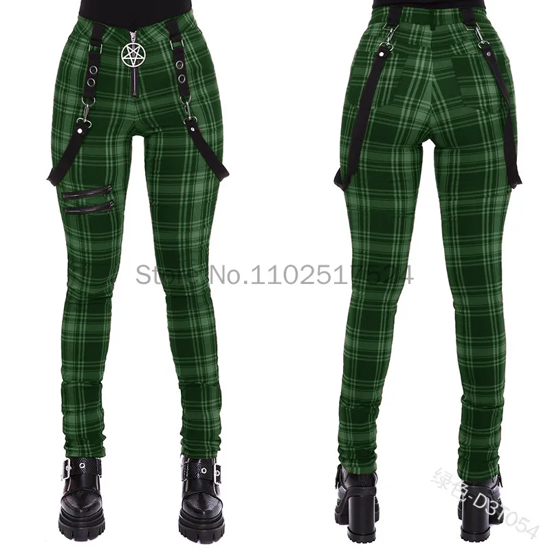 2023 Mode Gothic Geruite Bandbroek Voor Dames Hoge Taille Punk Rits Ontwerp Casual Strakke Lange Broek Hip Hop Streetwear Broek