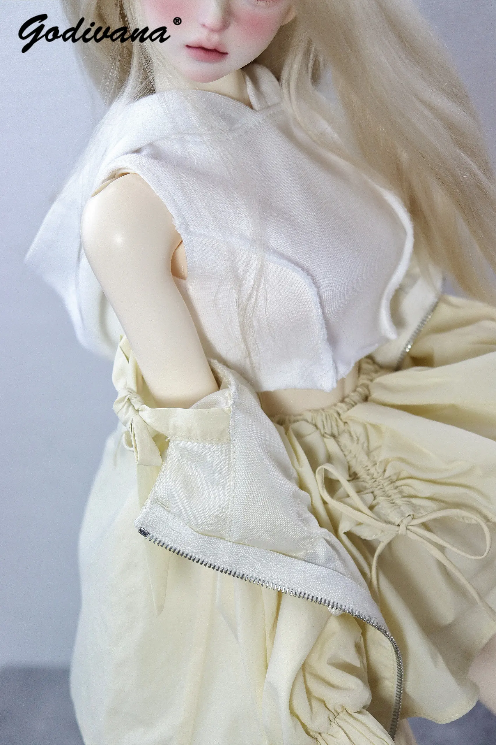 1/3 BJD Doll Outfit Y2K Inner Hooded Crop T-shirt Pleated Skirt and Off Shoulder Halter Drawstring Waist Zip Up Puff Sleeve Coat