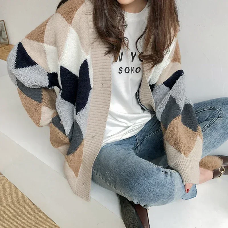 Plaid Cardigan Button Up Sweater Women Oversized Checkered Cardigans Autumn Winter Clothes Streetwear Long Sleeve Sweater Tops