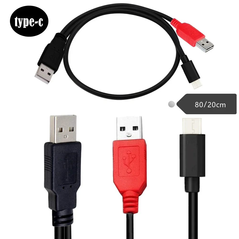 USB 2.0 Male & USB 2.0 Dual Power Data Y To Type-C USB-C Cable For Laptop & Hard Disk