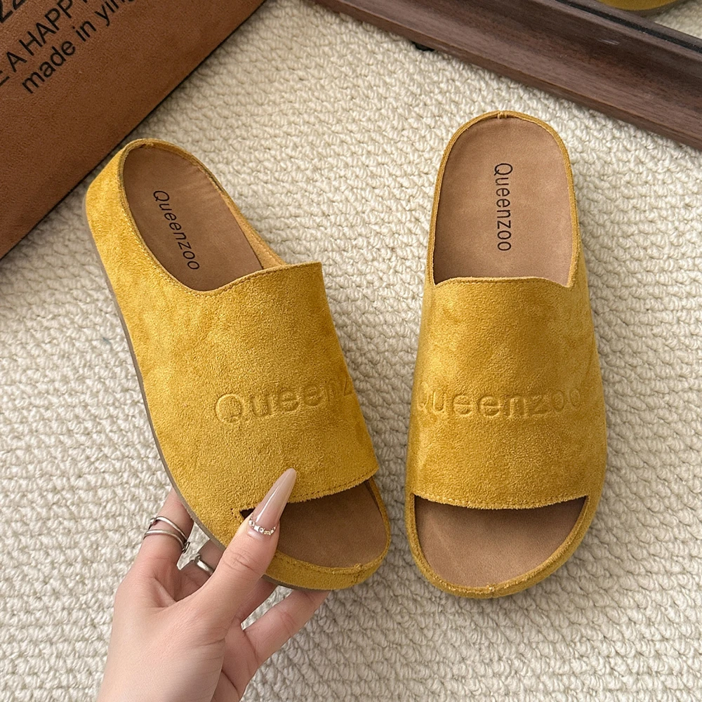 

Новые женские тапочки с закрытым носком, замшевые сабо с круглым носком, сандалии, осенние новые однотонные женские туфли на плоской подошве в стиле ретро с открытой пяткой