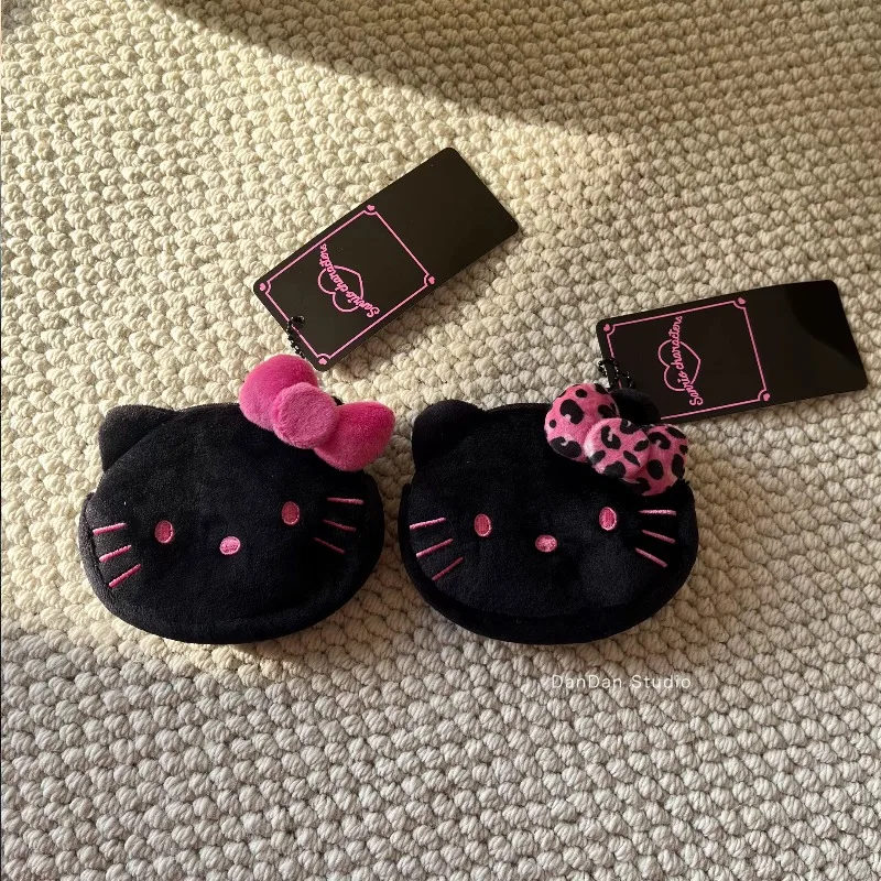 Sanrio All black Hello Kitty fluffy plush toy Keychain Kawaii Cartoon black pink Kitty Bag Car key ring Girly Plush Coin Purse