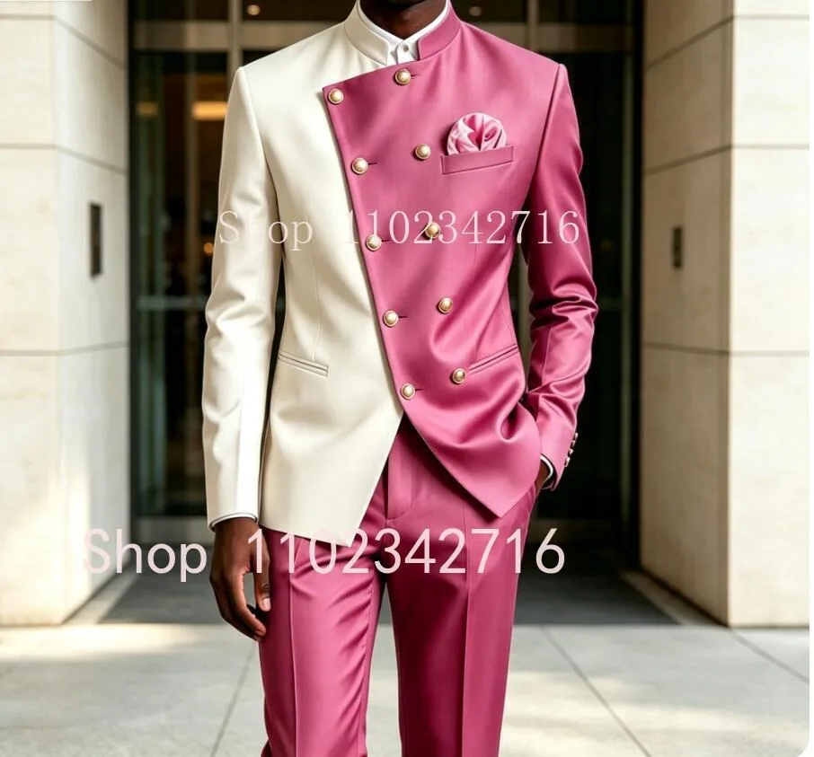 New Design Luxury Men Suit Stand Collar Groomsmen Wedding Tuxedo 2 Piece Set Gold Buttons Wedding Groom Formal Suit Jacket Pants