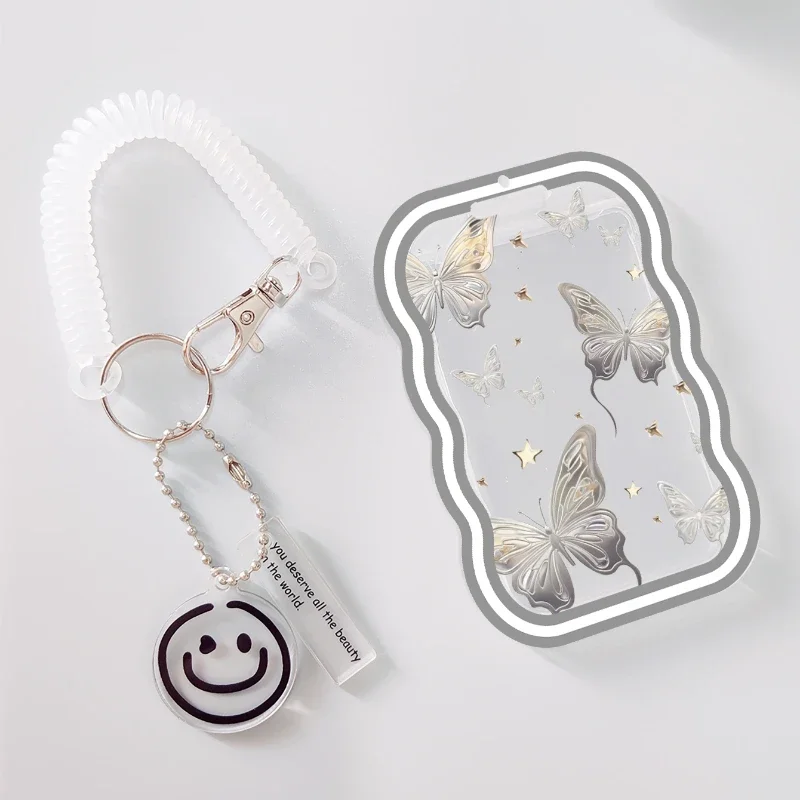 Wave Transparent Card Holder with Retractable Spring Cord Suitable for Kpop Idol Card Collect Organizer Stationery Door Card