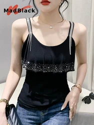 MadBlack Summer European Clothes Tank Tops Female Sexy Shiny Tassel Ruffle Hot Drill Chic Slim Camis Sleeveless Vests T36208JC