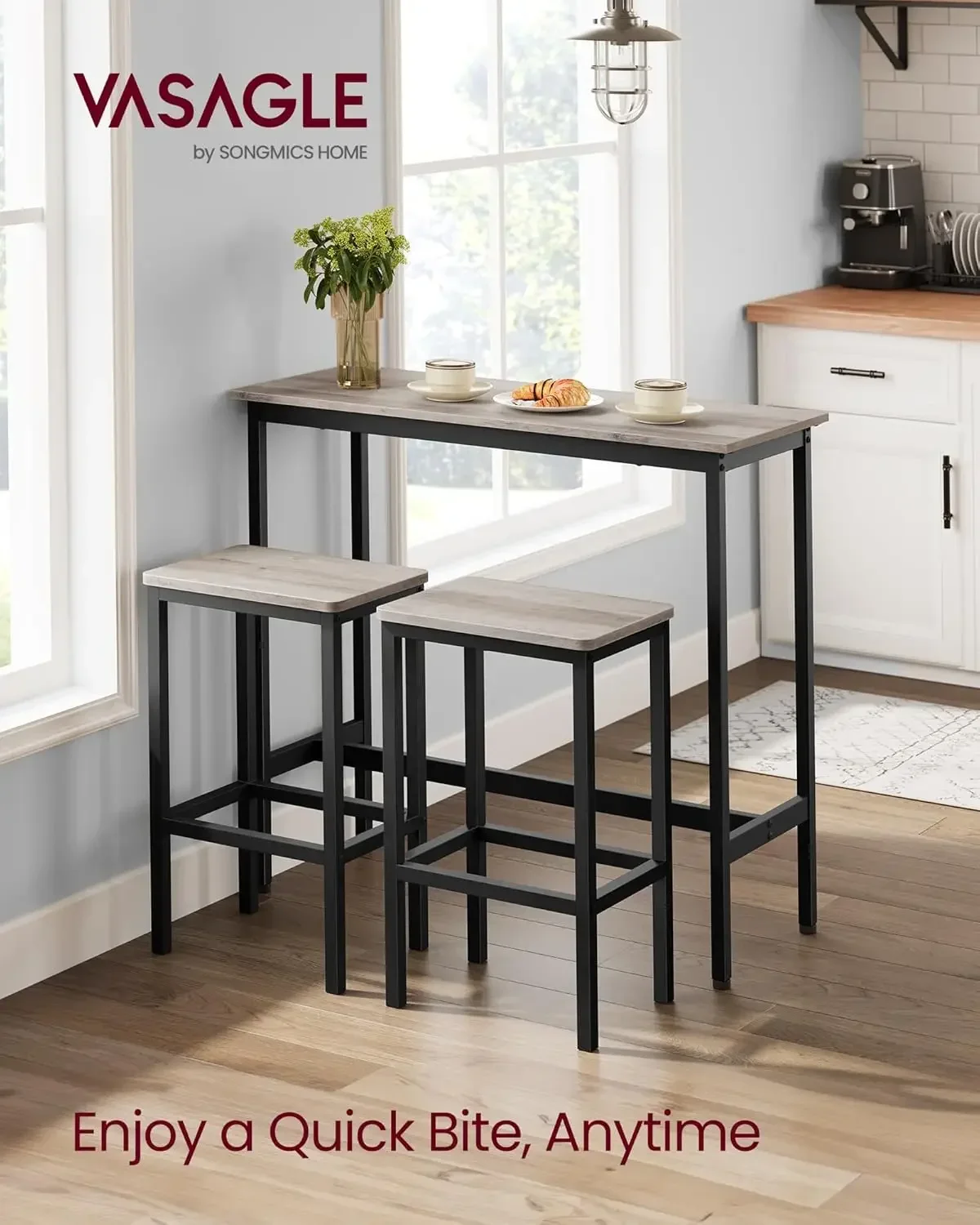 Conjunto de cadeiras de jantar, mesa de bar de cozinha com bancos, conjunto de 2, estrutura de aço, industrial, 39,4 x 15,7 x 35,4 polegadas, urze