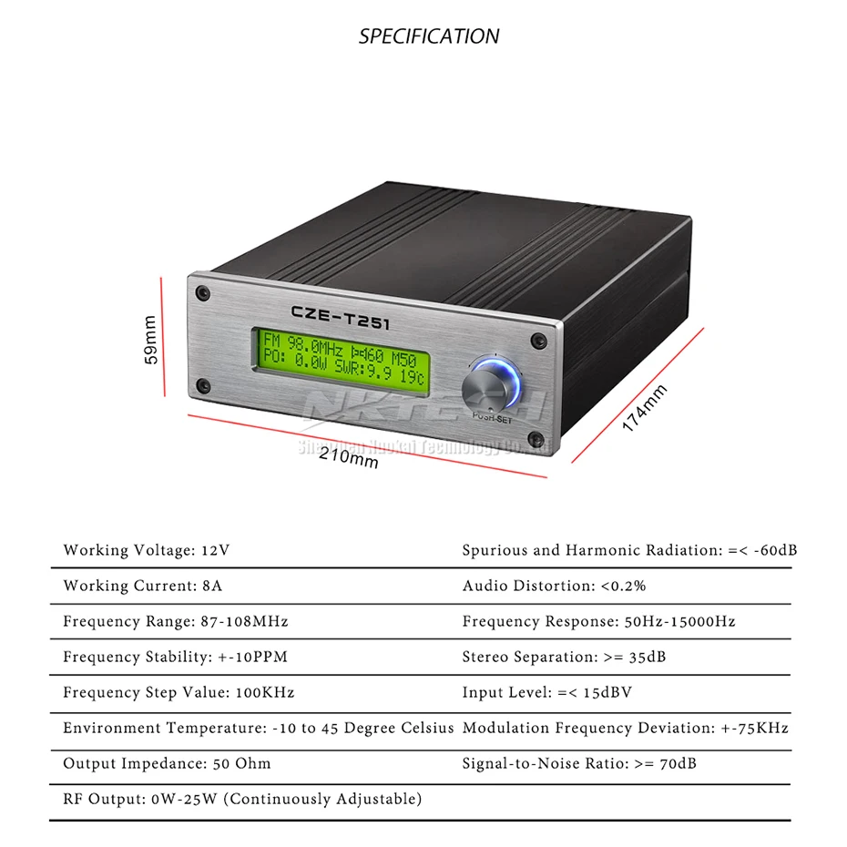 NKTECH CZE-T251 قابل للتعديل 0W-25W FM الارسال أحادية ستيريو PLL بث محطة واحدة مقبض عملية SWR درجة الحرارة حماية