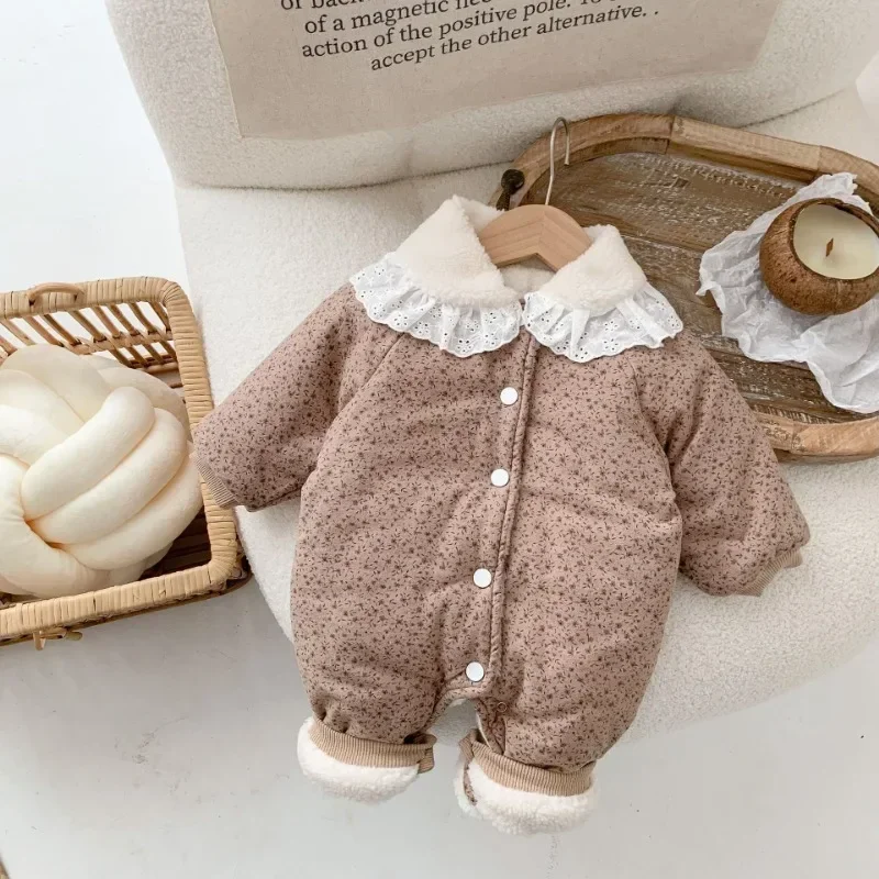 Korean Baby Cotton Jumpsuit Thickened Hooded Romper Plush Warm Autumn Winter Newborn Clothes Floral Princess Bodysuit Ropa Bebe