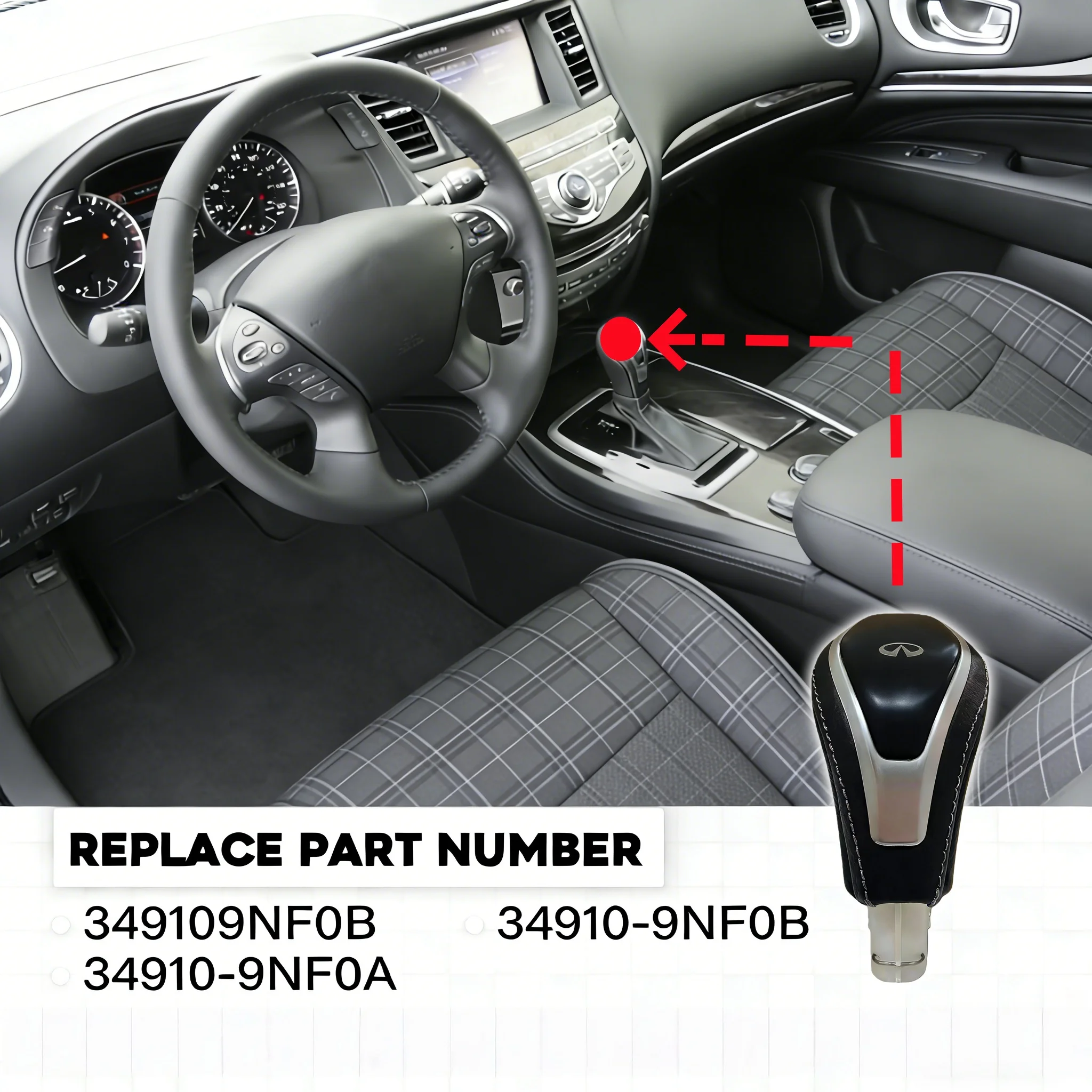 

Shift knob gear handle replacement for Infiniti Q50 Q60 QX60 QX80 17–24 gear shift knob with logo 34910-9NF0B 34910-9NF0A