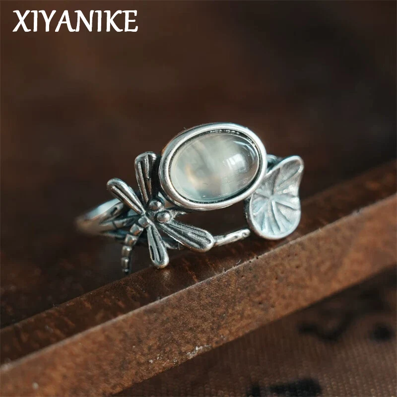 

XIYANIKE Thai Silver Lotus Leaf Dragonfly Zircon Adjustable Finger Rings For Men Women Fashion New Jewelry Gift Party кольцо
