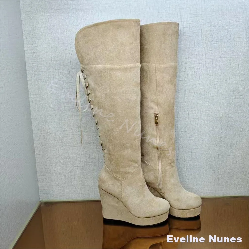 Lace-up Wedges Western Cowboy Boots Women Round Toe Slip On Side Zipper Hot Girl Rider Boots 2026 New Solid Flannel Casual Boots