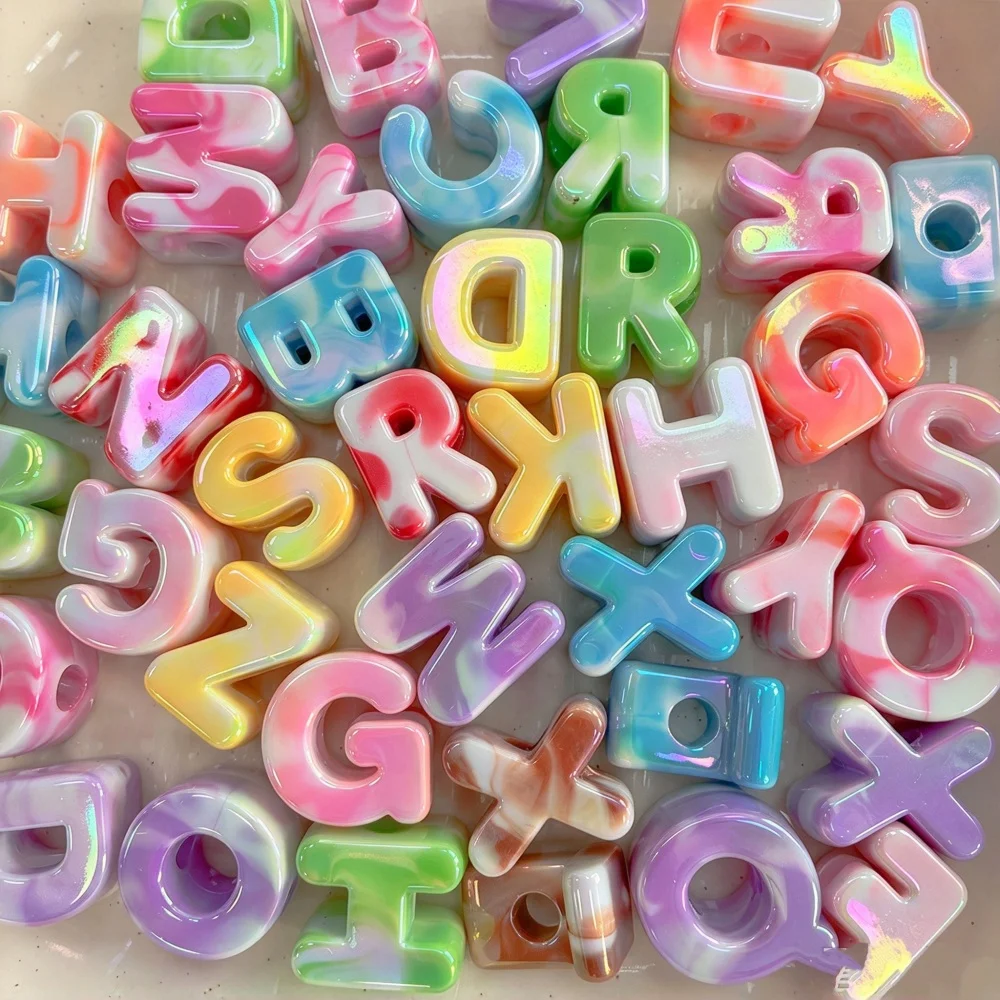 10-100pcs Acrylic Alphabet Beads Large Hole Two-Tone Iridescent UV Coated for DIY Phone Chain Keychain Jewelry Making Loose Bead