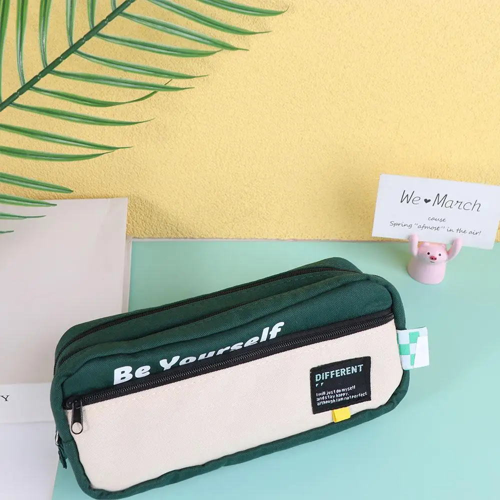 Canvas Double Zippers Pencil Case Dirt Resistant Organizer Storage Pencil Bag Korean Style Multi Layer Cartoon Pencil Cases