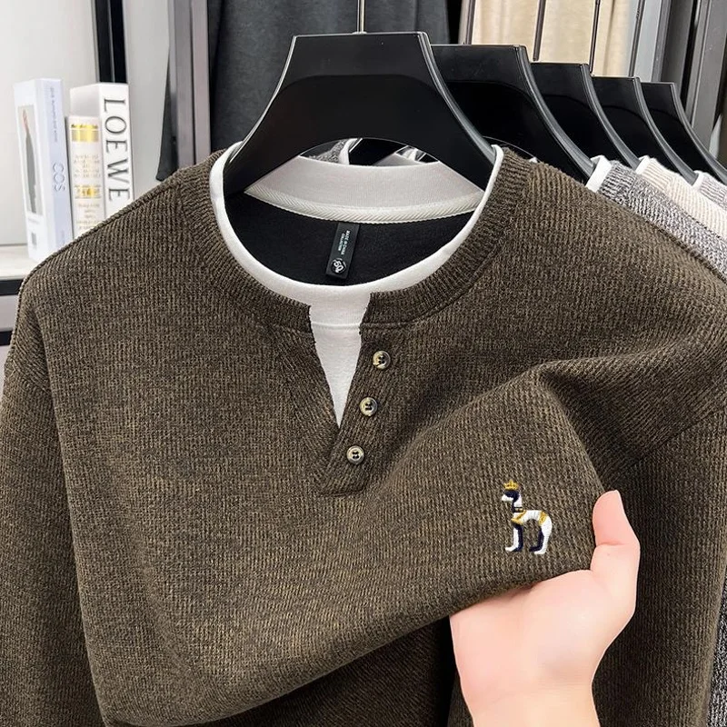 Hot Autumn Men's Long-Sleeved Knitted Pullover Shirt Business Casual False Two-Piece Old Money Style High Quality Men's Wear