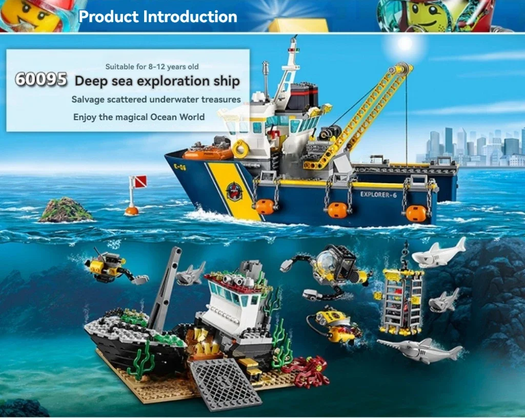 774pcs City Deep Sea Exploration Vessel Submarine Scuba Scooter Shipwreck Shark 60095 Building Block Toys Compatible With Model