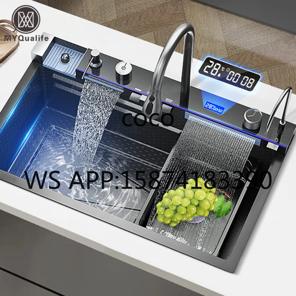 304 Stainless Steel Waterfall Kitchen Sink Large Single Slot Digital Faucet Soap Dispenser Cup Washer