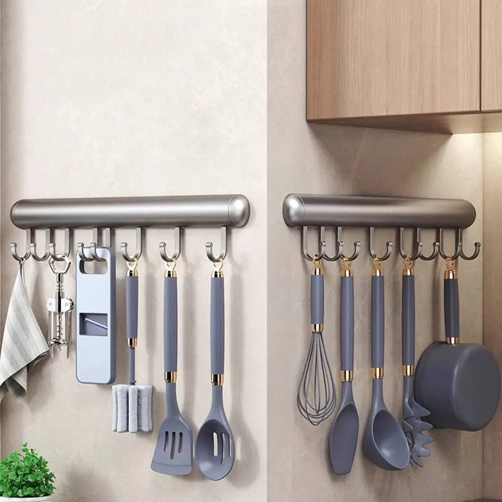 20-50cm Kitchen Hook Rack Black/Grey Wall Mounted Rack Spoon Storage Hook Space Aluminum with Movable Hook Cabinet Storage Shelf