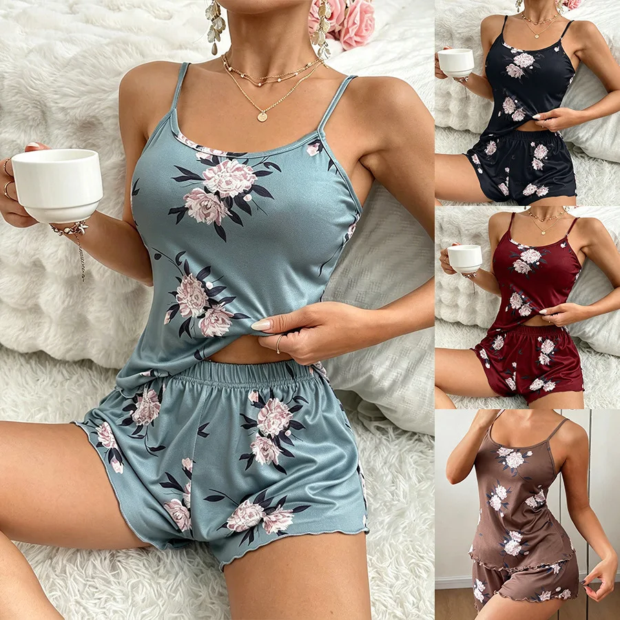 夏用アイスシルクのような肌触りの女性用寝間着、ストラップ付きショートパンツ、花柄プリント、柔らかく快適なホームウェア、長袖uネックセット