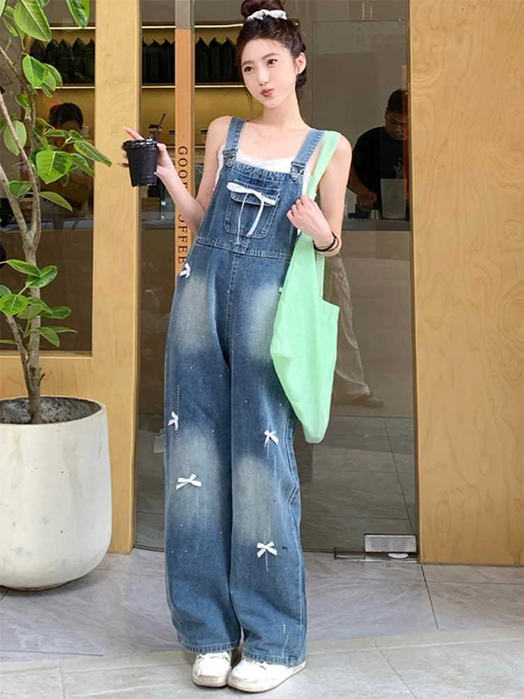 Retro Blue Bow Rhinestone Denim Overalls Women Korean Style Versatile High Waist Wide Leg Jeans New Casual Straight Jumpsuits