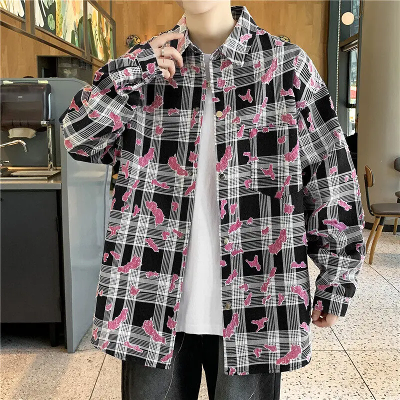 Casual Men's Cotton Plaid Shirt Jackets Streetwear Long Sleeve Checkered Shirts Coat Youth Button-Down Design Loose Top Clothing