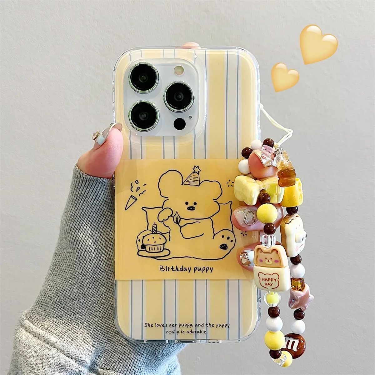 

Striped Cute Puppy Suitable For Iphone 13 15pro Phone Case Creative Yellow Background Vertical Stripe Cake Teddy Bear