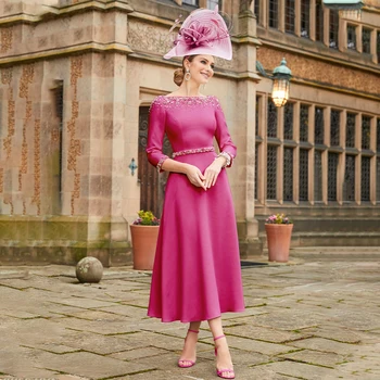 Vestido curto para a mãe da noiva, decote de barco, mangas 3/4, vestidos elegantes para convidados, midi beading, vestido de noite luxuoso, 2023