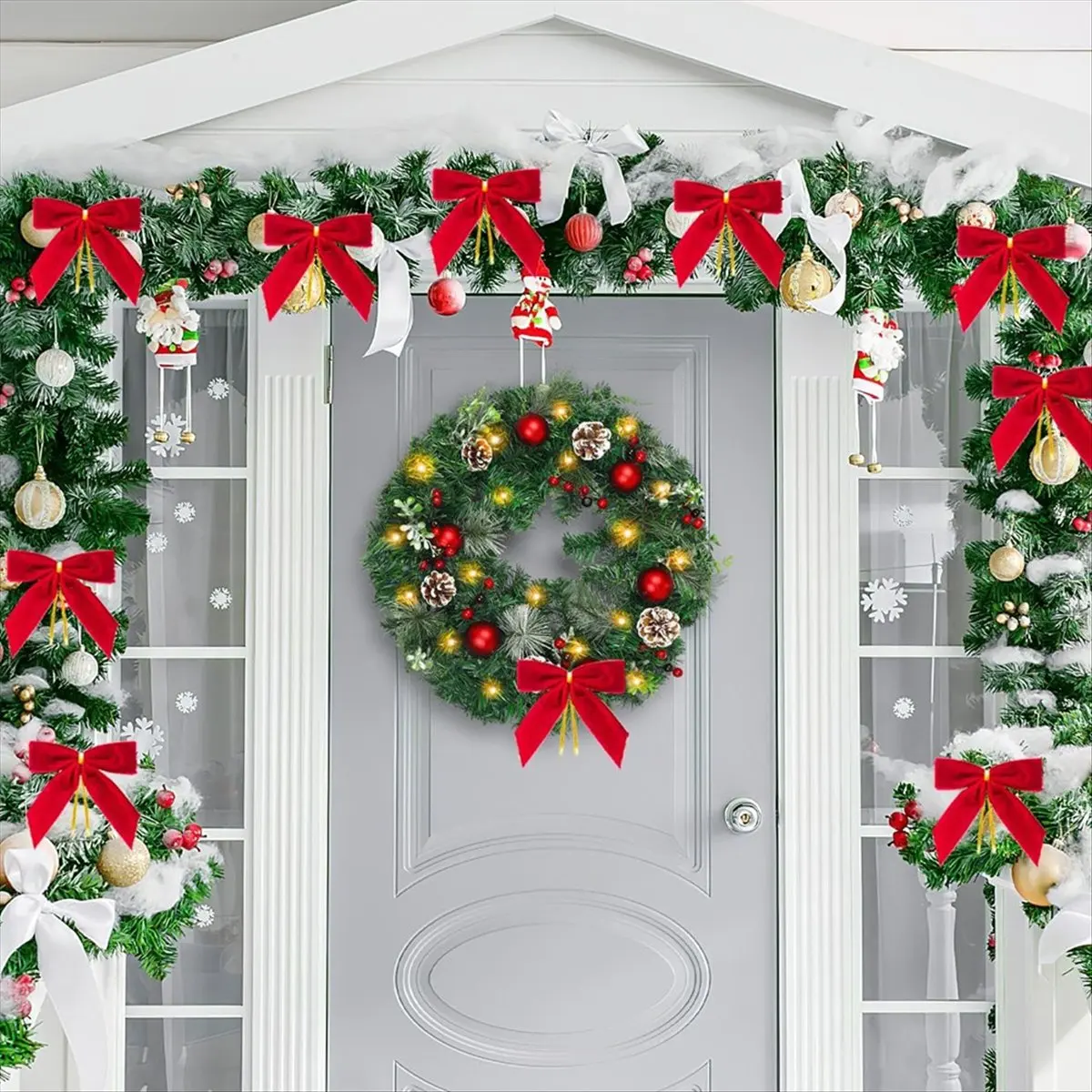 24 PCS Arcos de Natal Decorações de suspensão de Natal Enfeites de árvore de Natal com laço vermelho