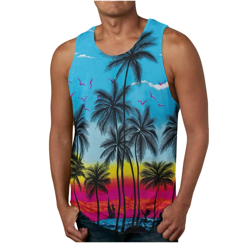 Tank Top kebugaran untuk pria, pakaian kasual 3d Tank Top bergaris Hawai motif bunga musim panas tanpa lengan kaus binaraga kasual rompi