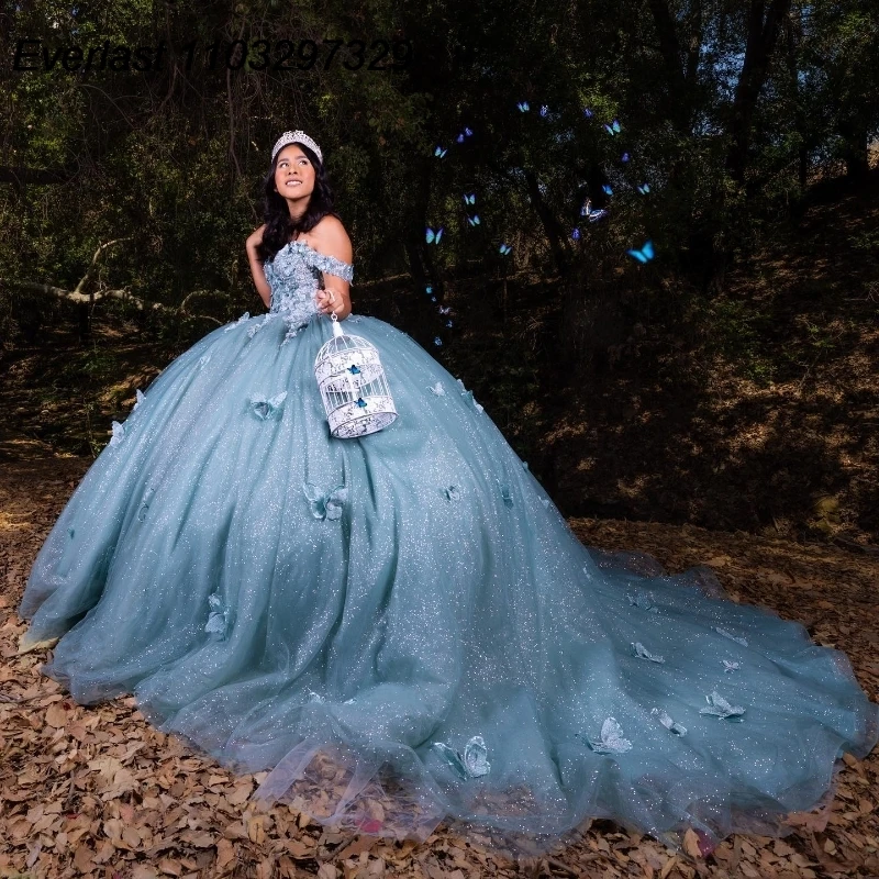 EVLAST gaun berkilau Meksiko biru Quinceanera gaun pesta 3D kupu-kupu Applique korset manik-manik manis 16 Vestidos De 15 Anos TQD894