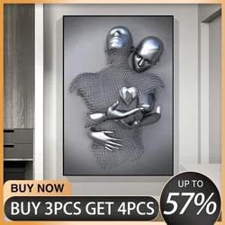 3D Love Heart Grey Art Painting on Canvas Metal Figure Statue Art Posters and Prints Wall Pictures for Living Room Home Decor