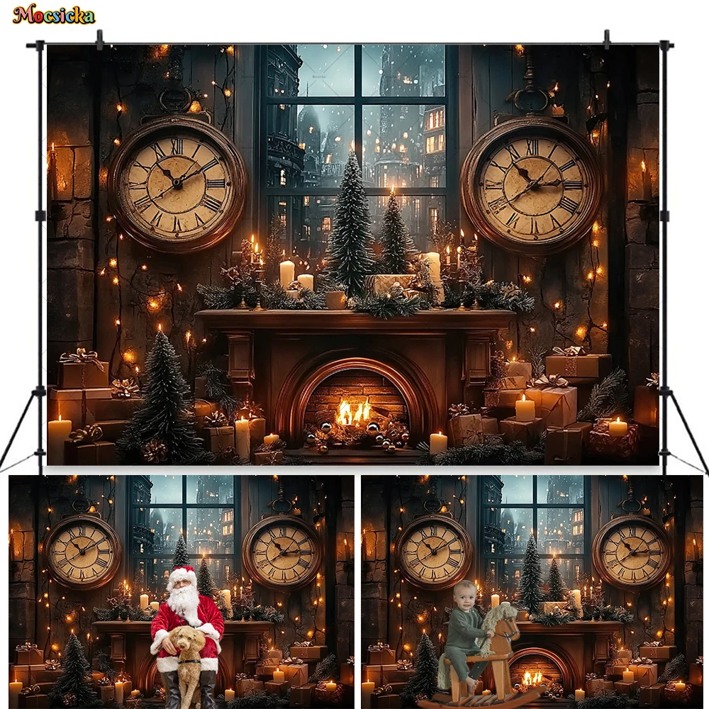 

Christmas Eve Background Photography Santa Claus Workshop Fireplace Clock Candles Xmas Tree Backdrop Decor Winter Kids Photo