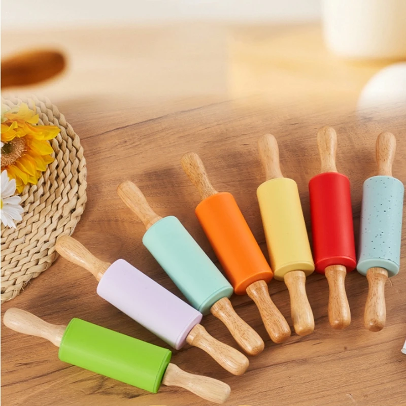 7 Kleuren Non-Stick Siliconen Deegroller Deegmeel Roller Houten Handvat Gebak Tools Kids Diy Bakken Voor Pasta Koekjes Maken
