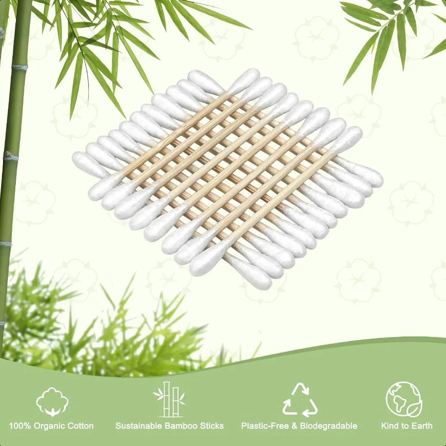 대나무 면봉 500개입 생분해성 양면 유기농 면봉 (귀 청소 및 메이크업용 나무 스틱 포함)